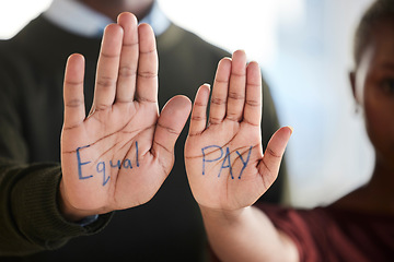 Image showing Equal pay, gender bias and salary inequality protest in workplace of corporate employees, professional colleagues and job. Pay gap, sexism and unfair financial compensation or payment for woman staff