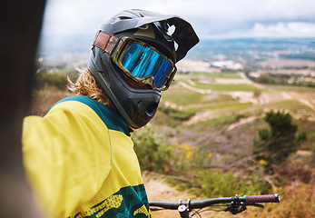 Image showing Mountain biker, selfie and cycling in the countryside for extreme adventure, travel or trip in nature. Portrait of professional parkour cyclist looking for photo in sports traveling in the outdoors