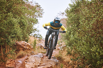 Image showing Fitness, sports and man cycling in nature on a bicycle for training, workout and exercise outdoors alone. Focus, healthy and fast athlete rides a bike with speed downhill on a wet rocky path or trail