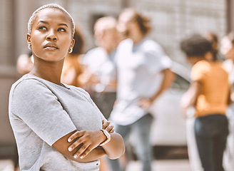 Image showing Vision, thinking and black woman being thoughtful while in the city. Future, dreaming and think with an african American female contemplating ideas while daydreaming with arms crossed in urban town