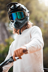 Image showing Helmet, off road and cycling portrait of man ready for ride with safety sport gear and glasses. Nature, exercise and bicycle wellness person with protection equipment for outdoor adventure.