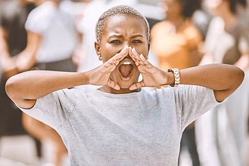 Image showing Protest speaker, rally and woman shout for world change, freedom or fight for human rights, women equality or revolution. Racism, blm and announcement speech from black girl or social justice warrior