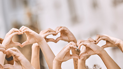 Image showing Heart sign, hands in air and peace for love, solidarity and have hope together for humanity. Community, hand gesture in air and being loving for collaboration, people equality and justice in society.