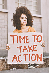 Image showing City, human rights and woman with cardboard sign, student protest in support of women, time for change or action. Freedom, justice and equality, sad angry girl with banner for empowerment on street.