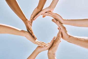 Image showing Hands, people and collaboration in trust circle for community, support and synergy on blue sky. Hope, hand and group with diversity, help and solidarity, environment and team effort blue background