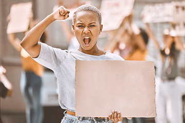 Image showing Protest cardboard mock up and black woman in crowd or street portrait with gender equality, human rights and justice with voice and power. Law, politics and activism mockup sign for women empowerment