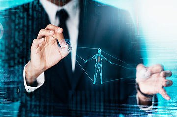 Image showing Hologram, futuristic technology and human body health with medical ai app or digital healthcare in metaverse. Business man, anatomy overlay and innovation for futuristic ux patient care consultation