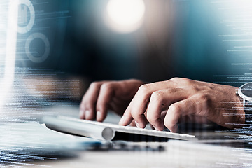 Image showing Developer, overlay and hands typing on a keyboard for digital transformation, cloud computing and code research. Software, programmer and web designer coding ai, it and programming website iot data