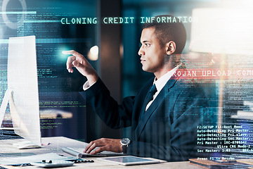 Image showing Businessman, overlay and computer virus, hacking and digital glitch, 404 error and cybersecurity with futuristic 3d. Ai, double exposure or IT cyber security expert with online protection from hacker