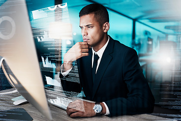 Image showing Trading, computer and businessman with hologram data of finance investment, stock market or forex growth. Future financial economy, bitcoin or trader analysis of futuristic chart, analytics or crypto