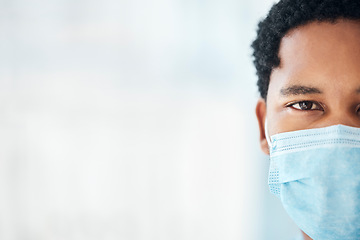 Image showing Mockup of black man, face mask and covid 19 healthcare, medical wellness or bacteria safety, global emergency and pandemic risk. Portrait of african guy, corona virus ppe and protection on copy space