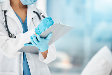 Image showing Woman, hands or doctor clipboard writing in hospital for life insurance test results, medical healthcare research or surgery planning. Medicine worker, covid or employee with paper documents schedule