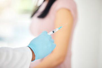 Image showing Vaccine, covid and healthcare, hand and syringe needle with medicine, doctor with patient in hospital for virus immunization. Health, safety and protection glove, covid 19 and medical injection.