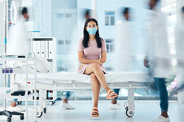 Image showing Covid face mask, woman or doctors in busy hospital for medical wellness, healthcare life insurance or bacteria test. Portrait, waiting or covid 19 patient in safety, security or compliance