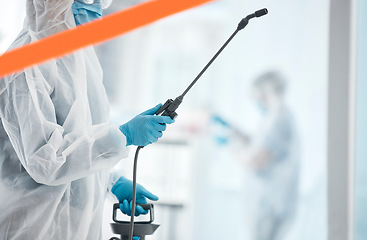 Image showing Hospital, cleaning and covid sanitation professional cleaner spray, disinfect and bacteria prevention. Safety, wash and cleaning service by person in healthcare clinic, hygiene and corona compliance