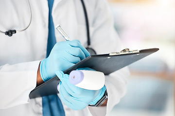 Image showing Covid doctor, thermometer and writing notes, information and healthcare planning, research and test results of fever, sick and flu check in clinic. Nurse hands, laser gun and corona virus safety risk