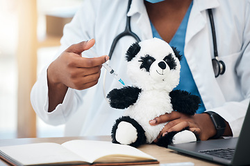 Image showing Pediatrician doctor, teddy bear and vaccine injection, syringe and shot for virus immunity, healthcare clinic and help kids medical service. Pediatrics therapist consulting vaccination for children