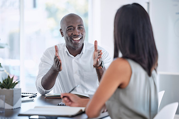 Image showing Collaboration, teamwork and business people meeting for kpi review, project development update and office b2b communication. Corporate black man talking to woman client or employee on job negotiation