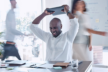 Image showing Angry, stress and businessman smash laptop at office desk from anxiety, burnout and 404 software glitch, error and crazy manager. Frustrated employee destroy computer, anger management and pc problem