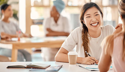 Image showing Business women, bonding and coffee break planning with documents, kpi research or target audience data analysis for creative startup. Smile, happy student and asian designer in teamwork collaboration