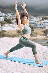 Image showing Woman, stretching or yoga mat on beach rock in relax workout, exercise or fitness for body wellness or mental health peace. Smile, happy or zen afro yogi in pilates training by Brazilian nature ocean