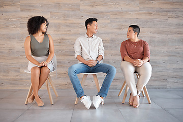 Image showing Startup business people recruitment or job interview in waiting room row for HR, team building or feedback communication. Happy, smile or hiring interview for digital marketing company review