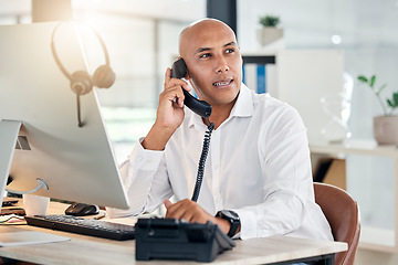 Image showing Businessman, computer or landline telephone call in call center, customer support consulting or contact us office. Talking manager, leadership or networking ceo on communication technology in b2b crm