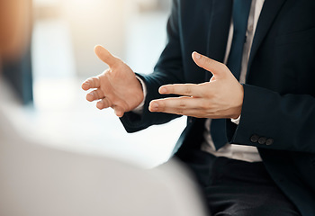 Image showing Business hands, lawyer and law firm negotiation, giving advice and communication with client in office zoom. Corporate, legal expert and professional advisor talking and support on legal information