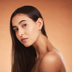 Image showing Beauty, skin and hair, woman in skincare portrait with face and hair care treatment advertising against orange studio background. Natural cosmetic, makeup and wellness, beautiful and glow mockup.