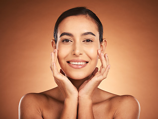 Image showing Portrait, skincare and woman in studio for beauty, facial and grooming against orange background mockup. Face, skin and girl wellness model smile, relax and happy with cosmetic product results