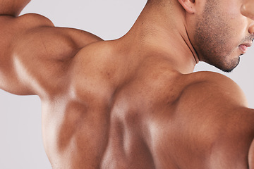 Image showing Back, bodybuilder and flex muscle for competition, weightlifting and pride for body care in studio background. Male athlete, demonstrate biceps and shoulders ready for performance and fitness workout