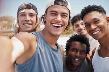 Image showing Summer, students and happy selfie with friends together on outdoor holiday break adventure. Gen Z, smile and happiness in interracial friendship with men enjoying vacation in Los Angeles.