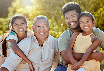 Image showing Family, father with grandfather and children outdoor, happy in the park portrait for bonding and quality time together. Men with kids smile out in nature, happiness in the sun and generations of love