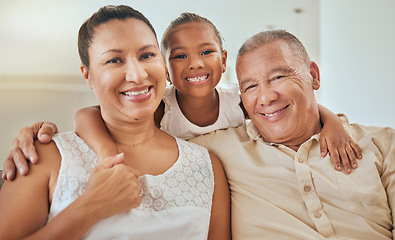 Image showing Family, children and grandparents with a girl happy to be spending time in a retirement home with granny and grandpa. Portrait, love and kids with a senior man, woman and grandchild bonding together