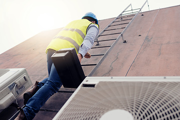 Image showing Solar energy, construction and worker on ladder for building, solar power and maintenance of renewable energy. Industrial employee climbing on a warehouse or house as handyman or construction worker