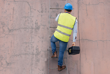 Image showing Electrician, engineer and handyman on ladder with tools working on building electricity maintenance. Home renovation, contractor and electrical technician climbing steps with toolbox for installation