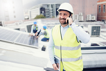 Image showing Builder, solar panel and construction man and phone call for communication and building project. Construction worker, cellphone and conversation for architecture and industrial strategy outside