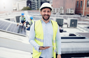 Image showing Engineer, tablet and working with solar panel, building and maintenance outdoor for clean energy and eco friendly. Happy engineering worker working with development, solar energy and construction