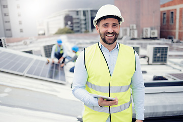 Image showing Engineer, tablet and portrait of man on solar roof testing panels or installation. Renewable energy, solar energy and happy male contractor on touchscreen tech planning inspection or research online.