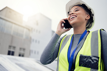 Image showing Construction, engineer and woman on phone call outside during building inspection for networking. Builder, building and female contractor with mobile communication for construction worker