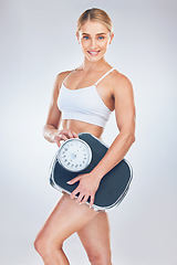 Image showing Portrait, young woman and scale for weight loss, wellness and fitness with studio background. Health nutrition, healthy female or trainer happy, for results after weighing and body care for wellness