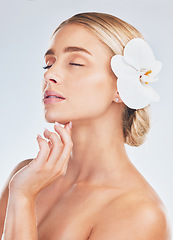 Image showing Skincare, wellness and face of a woman with an orchid for health, beauty and dermatology against a grey studio background. Spa, flower and girl model with a natural plant for care for skin and body