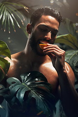 Image showing Beauty, tropical and model eating fruit in jungle for health, diet and wellness nutrition in paradise. Palm trees, exotic and hydrated skincare of man with healthy and natural food detox.