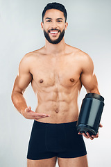 Image showing Fitness man, protein product and health for health, exercise and training workout. Portrait of a happy model advertising healthy shake for sport and cardio motivation smile with marketing space