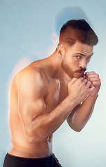 Image showing Fitness, sports and fighter fist to train, fight and exercise for health, wellness and martial arts competition with energy, power and focus. Bodybuilder, workout and strong athlete sport portrait