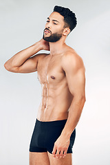 Image showing Health, muscle and body of underwear model with healthy lifestyle, wellness and self care fitness for body care goals. Training exercise, workout and aesthetic man with strong abs, stomach or abdomen