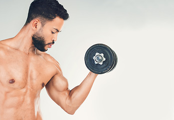 Image showing Fitness, muscle and man with dumbbell for weightlifting and body workout, strong and bicep against white studio background. Bodybuilder, weight training and strength endurance in exercise mockup.