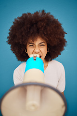 Image showing Black woman megaphone, blue background and shouting news for advertising or marketing a retail startup campaign launch. Ecommerce, afro woman and excited announcement for small business discount sale