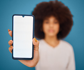 Image showing Social media, mockup and woman with phone on green screen for marketing, advertising and product placement. Hand, digital and afro girl with blank screen for branding, information or communication