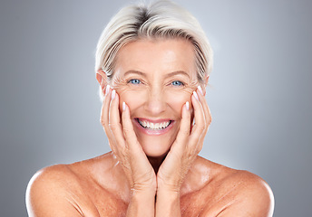 Image showing Portrait, senior woman and beauty, skincare and wellness in studio for grooming, hygiene and pamper routine on grey background. Face, elderly model and happy, smile and excited about facial treatment